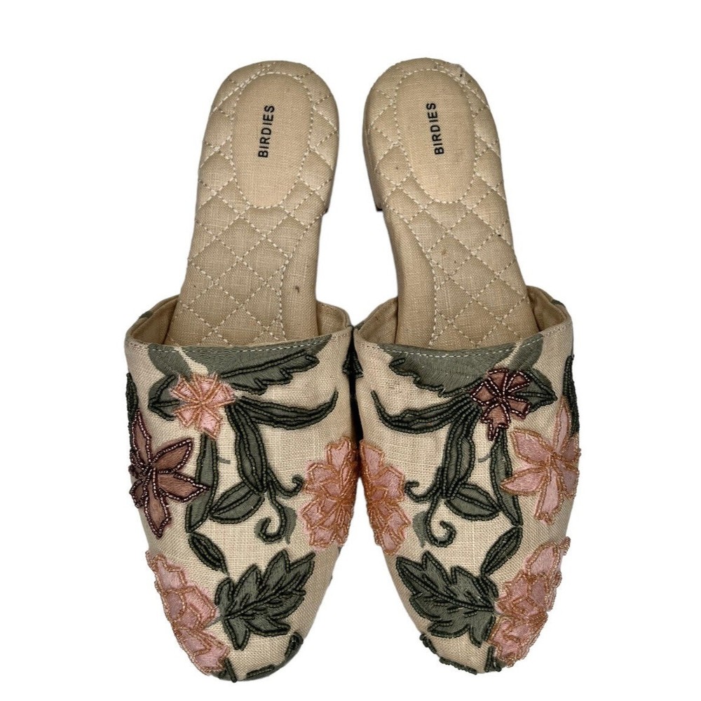 Birdies Songbird Linen Cream Embroidered And‎ Beaded Floral Mules Size 8.5